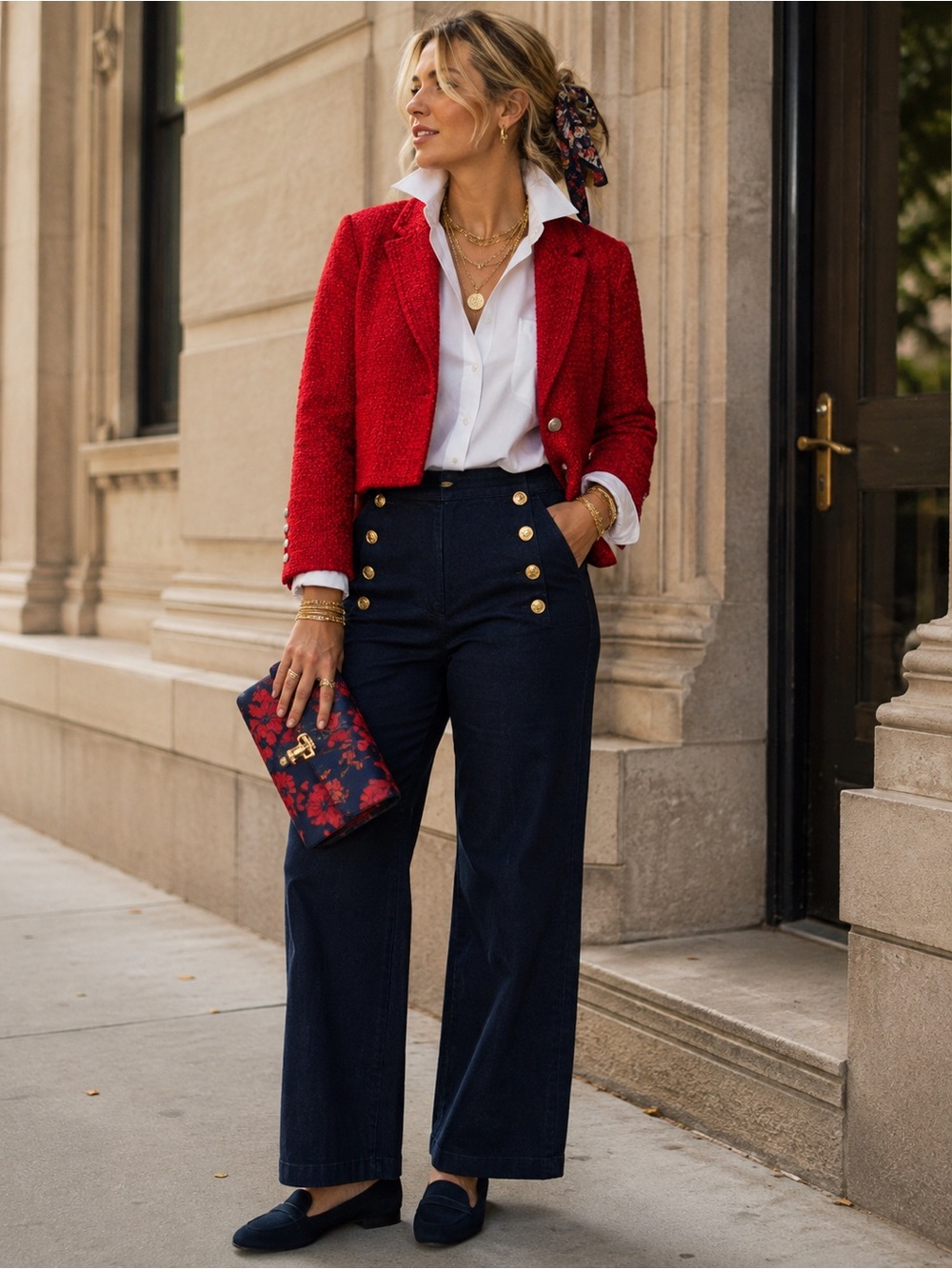 French Connection Red Bouclé Cropped Blazer Jacket-8